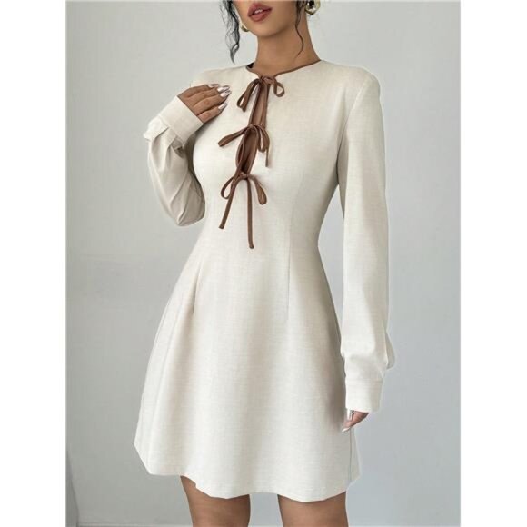 Women's Casual Color Block Drawstring Long Sleeve Dress, Spring/Fall - Picture 7 of 7